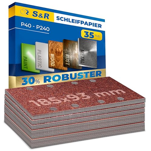 S&R Klett Schleifpapier Profi Set 93 mm x 185 mm, 35 St. Schleifblätter, 5 Körnungen 5 x P40, 5 x P60, 5 x P80, 10 x P120, 10 x P240, Schleifstreifen für Schleifmaschine von S&R