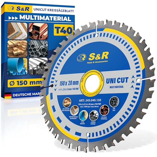 S&R Kreissägeblatt 150 x 20 mm FWF-Design, 40 Wolframkarbid HW Zähne, Universal Multicut Sägeblatt für Holz, 4 mm Baustahl, NE-Metalle, Kunststoff, Aluminium, Mehrzweck-Sägeblatt von S&R