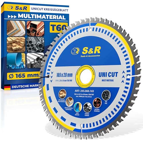 S&R Kreissägeblatt 165 x 20 mm FWF-Design, 60 Wolframkarbid HW Zähne, Universal Multicut Sägeblatt für Holz, 4 mm Baustahl, NE-Metalle, Kunststoff, Aluminium, Mehrzweck-Sägeblatt von S&R