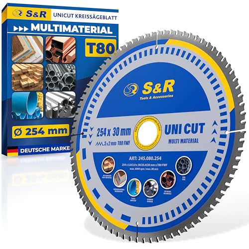 S&R Kreissägeblatt 254 x 30 mm FWF-Design, 80 Wolframkarbid HW Zähne, Universal Multicut Sägeblatt für Holz, 4 mm Baustahl, NE-Metalle, Kunststoff, Aluminium, Mehrzweck-Sägeblatt, Reduzierringe von S&R