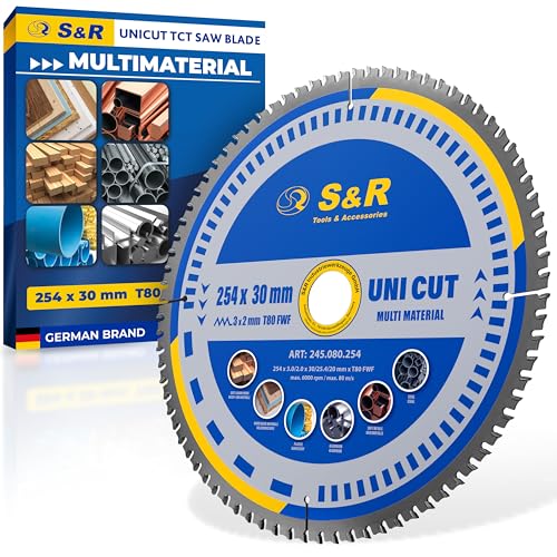 S&R Kreissägeblatt 254 x 30 mm FWF-Design, 80 Wolframkarbid HW Zähne, Universal Multicut Sägeblatt für Holz, 4 mm Baustahl, NE-Metalle, Kunststoff, Aluminium, Mehrzweck-Sägeblatt, Reduzierring von S&R