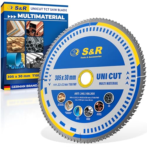 S&R Kreissägeblatt 305 x 30 mm FWF-Design, 100 Wolframkarbid HW Zähne, Universal Multicut Sägeblatt für Holz, 4 mm Baustahl, NE-Metalle, Kunststoff, Aluminium, Mehrzweck-Sägeblatt, Reduzierring von S&R