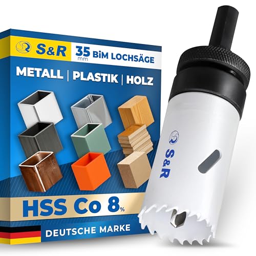 S&R Lochsäge Bi-Metall 35 mm | HSS Co 8% (M42 Stahl) | 48 mm Schnitttiefe | Lochsäge für Metall, Edelstahl, Holz, Kunststoff, Gipskarton, MDF, Laminat von S&R