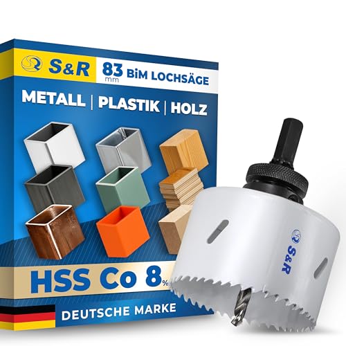 S&R Professional Lochsäge Bi-Metall 83 mm, HSS Co 8% (M42 Stahl), hohe 48 mm Schnitttiefe, BiM Loch-Säge für Metall, Edelstahl, Holz, Kunststoff, Gipskarton, Holz, MDF, Laminat von S&R