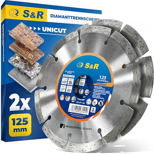 S&R Professional Diamanttrennscheibe 125 x 22,23 mm UNICUT, 2-tlg Set für Winkelschleifer, zum Trennen von Beton, Naturstein, Ziegel, Mauerwerk, Trockenschnitt, 10mm Segmenthöhe, lange Standzeit S&R Professional Diamanttrennscheibe 125 x 22,23 mm UNICUT, 2-tlg Set für Winkelschleifer, zum Trennen von Beton, Naturstein, Ziegel, Mauerwerk, Trockenschnitt, 10mm Segmenthöhe, lange Standzeit von S&R