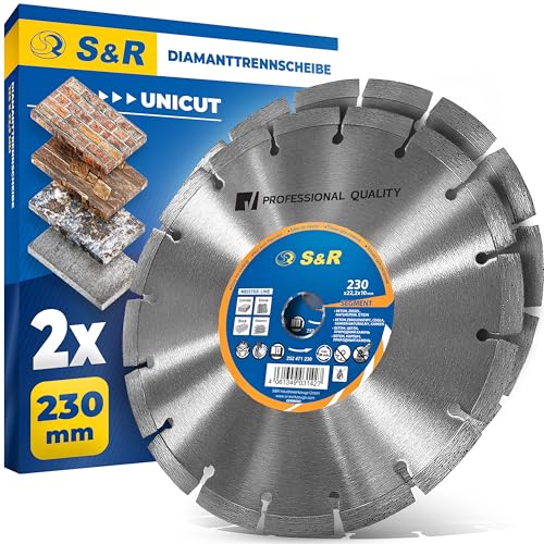 S&R Professional Diamanttrennscheibe 230 x 22,2 mm UNICUT, 2-tlg Set, Diamant-Trennscheibe zum Trennen von Baumaterialien, Beton, Naturstein, Stein, Ziegel, Mauerwerk, besonders hohe Standzeit S&R Professional Diamanttrennscheibe 230 x 22,2 mm UNICUT, 2-tlg Set, Diamant-Trennscheibe zum Trennen von Baumaterialien, Beton, Naturstein, Stein, Ziegel, Mauerwerk, besonders hohe Standzeit von S&R