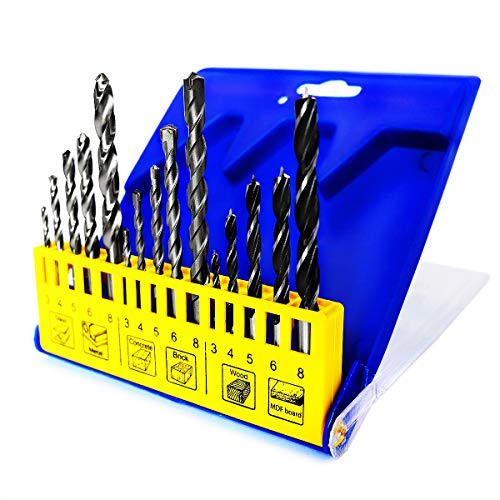 S&R Universal Drill Bohrer-Set 15-tlg. – Bohrbits für Holz, Stein & Metall – Holzspiralbohrer, Zentrierspitze, HSS M2-Stahl Metallbohrer & Betonbohrer, Karbidplatte, Größen 3-8mm von S&R