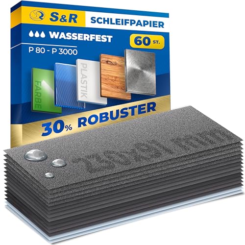 S&R Wasserfestes Schleifpapier Set 60 Stk, Schleifblätter Satz, Schmirgelpapier, Trocken- & Nasspolitur, Siliziumkarbid-Korn, 15 Körnungen P80 bis P3000, Profi Nassschleifpapier; Industrie-Qualität S&R Wasserfestes Schleifpapier Set 60 Stk, Schleifblätter Satz, Schmirgelpapier, Trocken- & Nasspolitur, Siliziumkarbid-Korn, 15 Körnungen P80 bis P3000, Profi Nassschleifpapier; Industrie-Qualität von S&R
