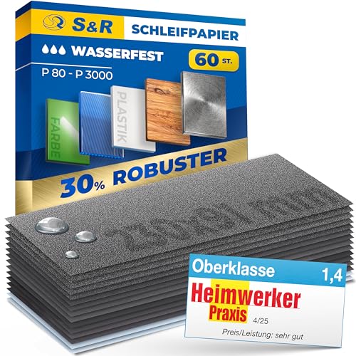 S&R Wasserfestes Schleifpapier Set 60 Stk, Schleifblätter Satz, Schmirgelpapier, Trocken- & Nasspolitur, Siliziumkarbid-Korn, 15 Körnungen P80 bis P3000, Profi Nassschleifpapier; Industrie-Qualität von S&R