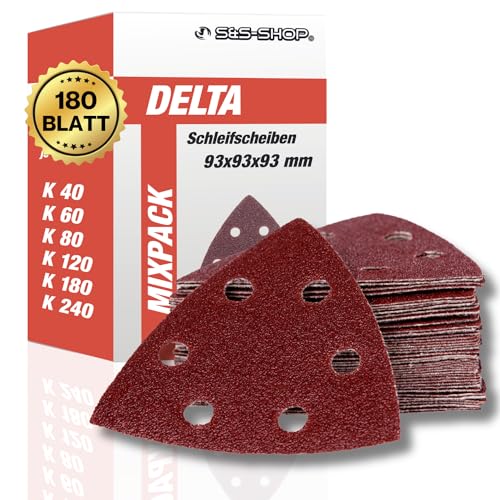 Delta-Schleifdreiecke mit Klett, 180 Blatt, 93 x 93 x 93 mm, 6 Löcher, je 30 x Korn 40-60-80-120-180-240, für Deltaschleifer & Multischleifer, Dreieckschleifer Schleifpapier, Staubabsaugung von S&S-Shop