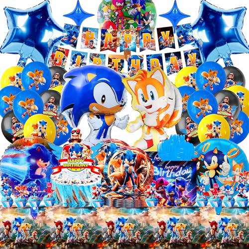 SABAN Soni Geburtstagsdeko für Junge, 94 Stück Soni Partygeschirr Set mit 3D Folienballon,Teller und Servietten, Hochwertig Geburtstag Banner und Kuchendeko, Perfekt für Blaue Themen Kindergeburtstage von SABAN