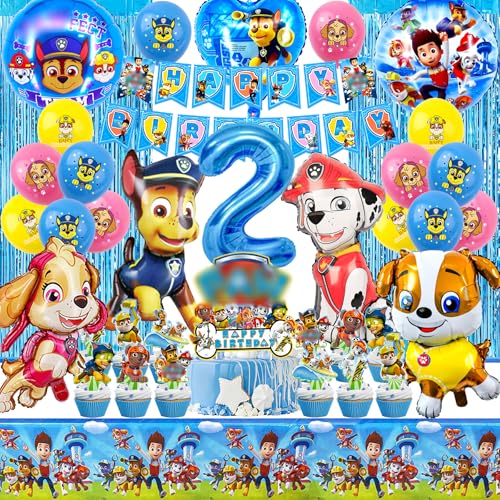 Paw Dog Geburtstag Deko 2 Jahre Set für Jungen – 39-Teiliges Party Zubehör – Leuchtende Farben, Hochwertige Ballons – Perfekt für Kindergeburtstage & Themenpartys – Einfach zu Montieren (Blau) von SABAN