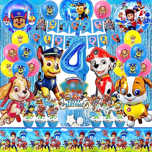Paw Dog Geburtstag Deko 4 Jahre Set für Jungen – 39-Teiliges Party Zubehör – Leuchtende Farben, Hochwertige Ballons – Perfekt für Kindergeburtstage & Themenpartys – Einfach zu Montieren (Blau) von SABAN