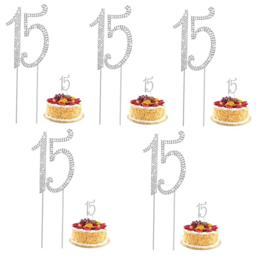 SAFIGLE 5 Stück 15 Strass-cupcake-topper 15. Geburtstagsnummer Strass Jubiläum- Strass 15 Kristall Nummer 15 Topper Hochzeit Topper Quinceanera Zahlen-cupcake-topper Kuchen Nachtisch von SAFIGLE