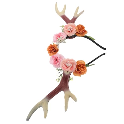SAFIGLE Realistisches Rentiergeweih Haarreif mit Blumen Detailgetreue Hirschhörner Kostüm-accessoire für Halloween und Weihnachten Modisches Braun-gelbes Hirschkopfband für Festliche von SAFIGLE