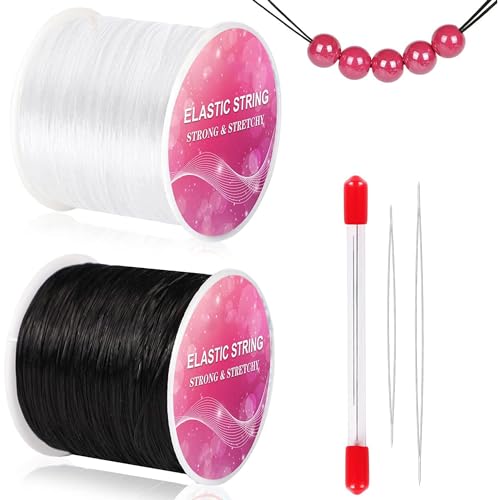 Elastisches Schnur Seil schwarzes+ und klares lastisches Seil Stretch String Schnur für die Herstellung, 1mm Flacher Draht, ungefähr 120M, mit 2Pcs Perlen Nadeln und Schere. von SAICOOS