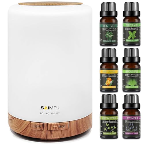 Aroma Diffuser, 300ML Luftbefeuchter mit 6 * 10ml Ätherische Öle Set, Leise Ultraschall DuftöL Diffuser, Wasserlose Abschaltautomatik, 7 Farben LED Öle Diffusor Aromatherapie für Raum, Büro, Yoga, Spa Aroma Diffuser, 300ML Luftbefeuchter mit 6 * 10ml Ätherische Öle Set, Leise Ultraschall DuftöL Diffuser, Wasserlose Abschaltautomatik, 7 Farben LED Öle Diffusor Aromatherapie für Raum, Büro, Yoga, Spa von SAIMPU