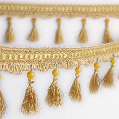 SAJMAKUWLA Quastenfransenbesatz, 12 Yards Nähen Fransenbesatz Zopf Perlen Anhänger Quaste Vorhangbesätze DIY Handwerk Home Lampenschirme Sofa Tischdekoration(Gold) von SAJMAKUWLA