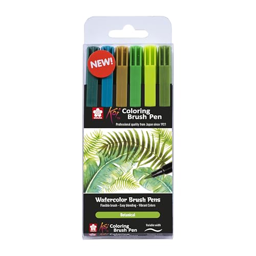 SAKURA Koi Colouring Pinselstifte Set - 6 botanische Farben - flexible Pinselspitze - Tinte auf Wasserbasis zum Mischen und für Aquarelleffekte von SAKURA