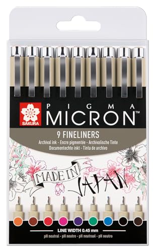 SAKURA Pigma Micron 05 Fineliner-Set mit 9 Farben | wasserfeste Tinte, Größe 05 (0,45 mm) | Stifte zum Schreiben, Zeichnen und Tagebuch führen von SAKURA