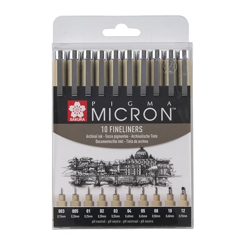 SAKURA Pigma Micron Fineliner-Set (10 Stück) | wasserfeste, permanente schwarze Tinte, verschiedene Größen Stifte zum Schreiben, Zeichnen und Tagebuch führen von SAKURA