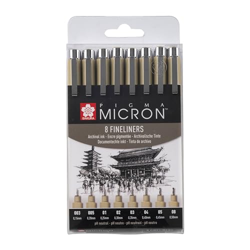 SAKURA Pigma Micron Fineliner-Set (8 Stück) | wasserfeste, permanente schwarze Tinte, verschiedene Größen Stifte zum Schreiben, Zeichnen und Tagebuch führen von SAKURA