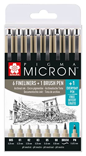 SAKURA Pigma Micron Fineliner Set - 6 Spitzenbreiten + Pinsel & PN-Stift gratis - Schwarz - Wasserfest & lichtbeständig von SAKURA