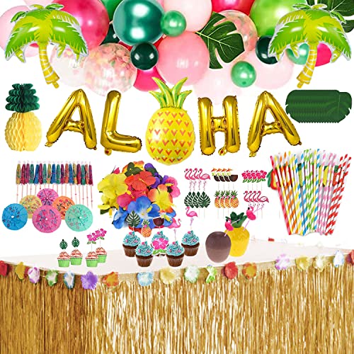 156 Stück Hawaii Party Dekoration Set, Tischröcke, Hawaii Banner, Künstliche Palmenblätter, Ananas Kuchendeckel und 3D Frucht Strohhalme Genschirm BBQ Tropischen Garten Tiki Sommer Party Dekoration von SALADOCY