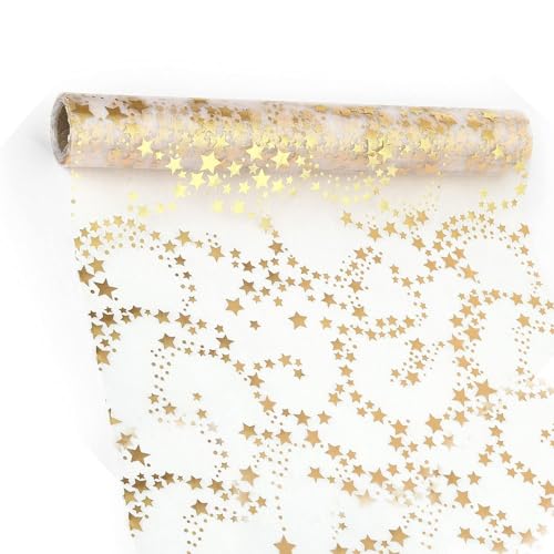 Tischläufer Gold, 28CM×5M Glänzend Tischdecken, Hochzeit Dekostoff Metallic Tischband, für Golden Hochzeit Tischdeko Auch Ostern Festival Neujahr Geschenkband (Stern) von SALADOCY