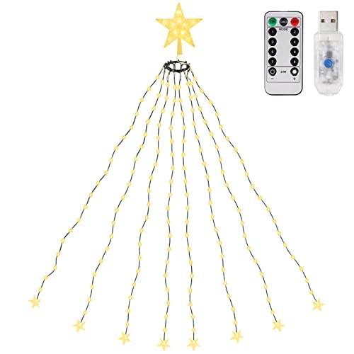 SALCAR 1,5m Christbaumbeleuchtung mit Ring, Weihnachtsbaum Lichterkette und 1 Weihnachtsbaumspitze Stern, 130 LED Lichterkette für Baum, Tannenbaum, Grüngürtel, Busche - Warmweiß von SALCAR