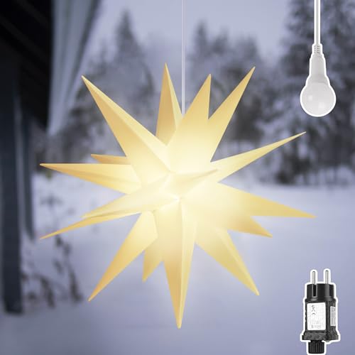 SALCAR 3D LED Leuchtstern Garten, 60cm XXL Weihnachtsstern Fenster Deko zum Aufhängen, Weiß LED Adventsstern inkl. warm LED Beleuchtung, LED Stern Beleuchtet von SALCAR