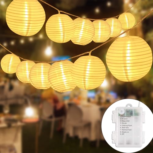SALCAR LED Lampions Lichterkette Batterie, 5M 10 LED Lampions Außen Wetterfest mit Timer, 8 Modi Laternen Lichterkette Outdoor Innen für Balkon Terrasse Hochzeit Party Hof, Warmweiß von SALCAR