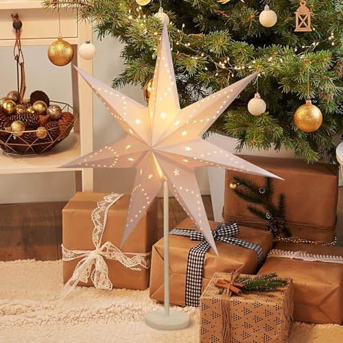 SALCAR LED Weihnachtsstern Beleuchtet Fenster 55cm, Papierstern Weihnachten mit E14 Lampe, 3D Leuchtstern Stehend Adventsstern mit Eisensockel Fuß, Weiß SALCAR LED Weihnachtsstern Beleuchtet Fenster 55cm, Papierstern Weihnachten mit E14 Lampe, 3D Leuchtstern Stehend Adventsstern mit Eisensockel Fuß, Weiß von SALCAR