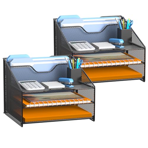samstar 2 Stück Netz-Schreibtisch-Organizer, Briefablage, Desktop-Aktenordnerhalter mit 3 Papierfächern und 2 vertikalen aufrechten Fächern, schwarz von SAM