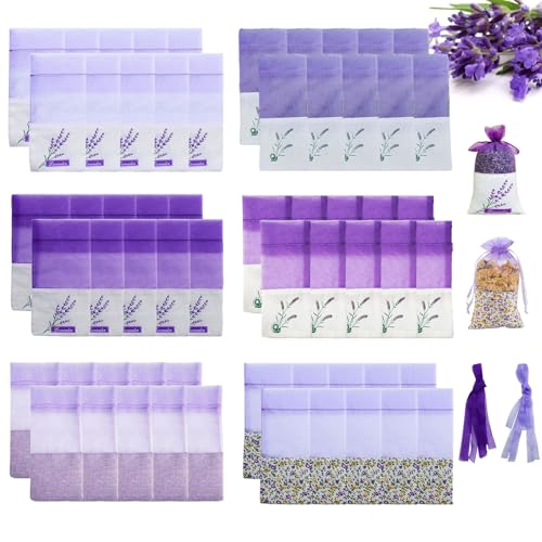 SAMSYOKI 60 Stück Lavendelsäckchen, Lavendel Beutel Leere Lavendelsäckchen Leer zum Befüllen mit Kordelzug Anti-Motten Lila Organzasäckchen Duftsäckchen für Lavendel Gewürz Kräuter von SAMSYOKI