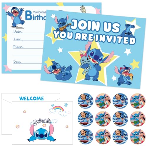 Einladungskarten Kindergeburtstag, Cartoon Partyeinladungen, Cartoon Einladungskarten, Kinder Geburtstag Party Einladungskarten, 12 Pcs Einladungsschreiben + Umschlag + Punktaufkleber (Blau B) von SANCHYA