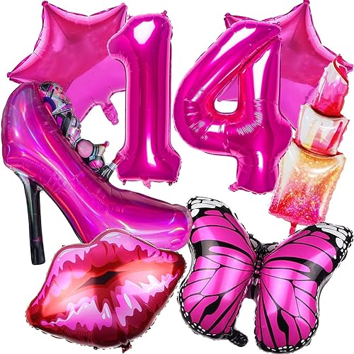 Geburtstags Party Luftballons,14. Geburtstag Mädchen,Luftballon 14. Geburtstag Deko,Rosa Folienballons,Lippen Folienballon,Schmetterlings Folienballon,Lippenstift Folienballons von SANCHYA