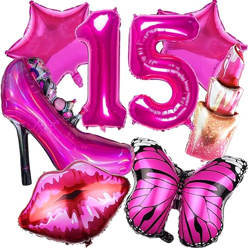 Geburtstags Party Luftballons,15. Geburtstag Mädchen,Luftballon 15. Geburtstag Deko,Rosa Folienballons,Lippen Folienballon,Schmetterlings Folienballon,Lippenstift Folienballons von SANCHYA