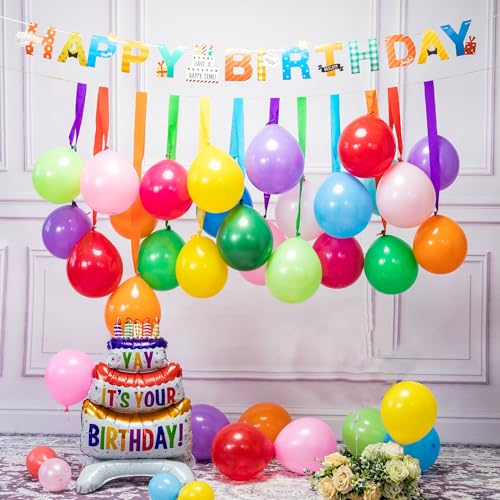 SANERYI Regenbogen-Geburtstagsdekorationen, buntes Ballonbogen-Set, Krepppapier, Luftschlangen, verschiedene Farben, für Kinderpartys, Happy Decor Hintergrund von SANERYI