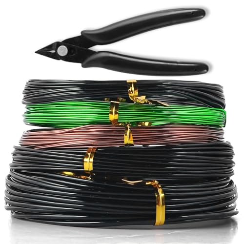 SANFERGE Bonsai-Draht-Werkzeug-Set mit Zange - 5 Rollen (insgesamt 164 Fuß) eloxiertes Aluminiumdraht-Set, 1,0 mm, 1,5 mm, 2,0 mm - Draht zum Formen von Ästen und Stämmen (Schwarz, Grün, Braun) von SANFERGE