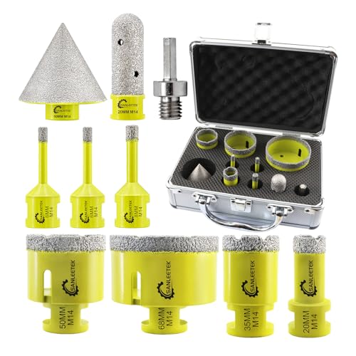 SANLEETEK Diamant Fliesenbohrer Set 10 Stücke (6/6/8/20/35/50/68mm+20mm Fingerfräser+50mm Diamant Fasenbohrer+Adapter) Diamant Lochsäge für Keramische Fliesen Porzellan Marmor Granit M14 Gewinde von SANLEETEK