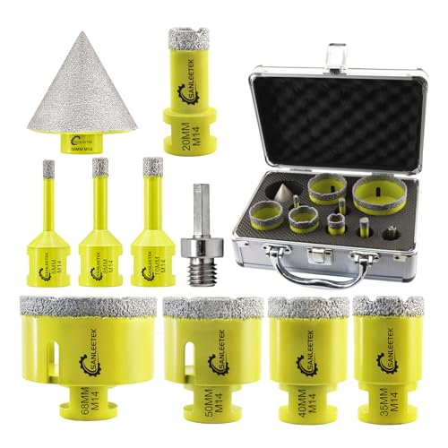SANLEETEK Diamant Fliesenbohrer Set 10 Stücke (6/8/10/20/35/40/50/68mm+50mm Fasenbohrer+Sechskant Adapter) Lochsäge für Keramische Fliesen Porzellan Marmor Granit M14 Gewinde von SANLEETEK
