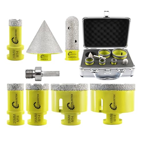 SANLEETEK Diamant Fliesenbohrer Set 8 Stücke (20/25/35/55/68mm+20mm Fingerfräser+50mm Diamant Fasenbohrer+Sechskant Adapter) Diamant Lochsäge für Keramische Fliesen Porzellan Marmor Granit M14 Gewinde von SANLEETEK