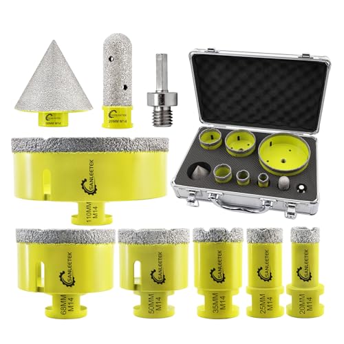 SANLEETEK Diamant Fliesenbohrer Set 9 Stücke (20/25/35/50/68/110mm+20mm Fingerfräser+50mm Diamant Fasenbohrer+Adapter) Diamant Lochsäge Set für Keramische Fliesen Porzellan Marmor Granit M14 Gewinde von SANLEETEK