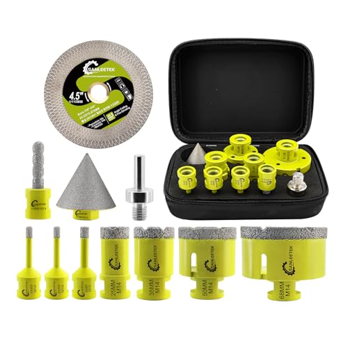 SANLEETEK Diamant Fliesenbohrer Set (6/6/8/25/35/50/68mm+10mmDiamant Fingerfräser+50mmDiamant Fasenbohrer+115 Trennscheibe+Adapter) Diamant Lochsäge Porzellan Keramikfliesen Marmor Granit M14 Gewinde von SANLEETEK