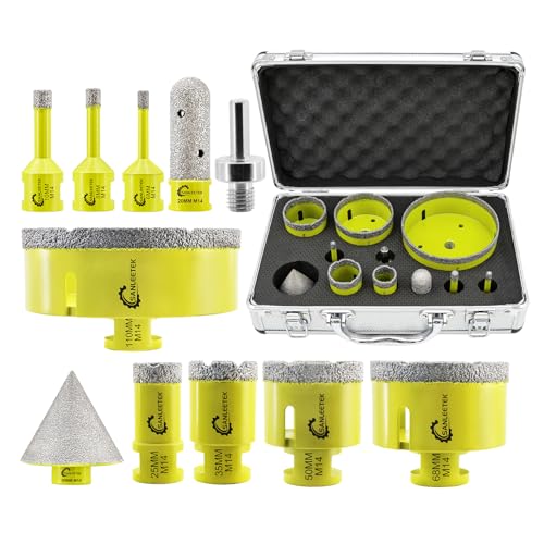 SANLEETEK Diamant Fliesenbohrer Set 11 Stücke (6/6/8/25/35/50/68/110mm+20mm Fingerfräser+50mm Fasenbohrer+Adapter) Lochsäge Set für Keramische Fliesen Porzellan Marmor M14 Gewinde von SANLEETEK