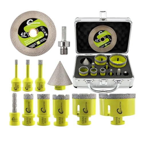 SANLEETEK Diamant Fliesenbohrer Set 11 Stücke (6/8/10/20/25/35/50/68+10 Fingerfräser+50 Diamant Fasenbohrer+115 Trennscheibe+Adapter) Diamant Lochsäge Keramische Fliesen Porzellan Marmor M14 Gewinde von SANLEETEK