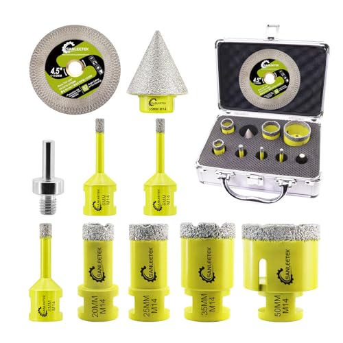 SANLEETEK Diamant Fliesenbohrer Set - Diamant Lochsäge Set 10 Stücke (6/6/8/20/25/35/50mm+35mm Diamant Fasenbohrer+115 Diamant Trennscheibe X Mesh+Adapter) für Porzellan Fliesen Keramik Marmor Granit von SANLEETEK