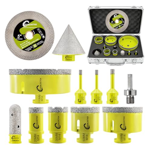 SANLEETEK Diamant Fliesenbohrer Set - Diamant Lochsäge Set 12 Stücke (6/6/8/25/35/50/68/110mm+20mm Fingerfräser+50mm Fasenbohrer+125mm Trennscheibe X Mesh+Adapter) für Porzellan Fliesen Marmor Granit von SANLEETEK