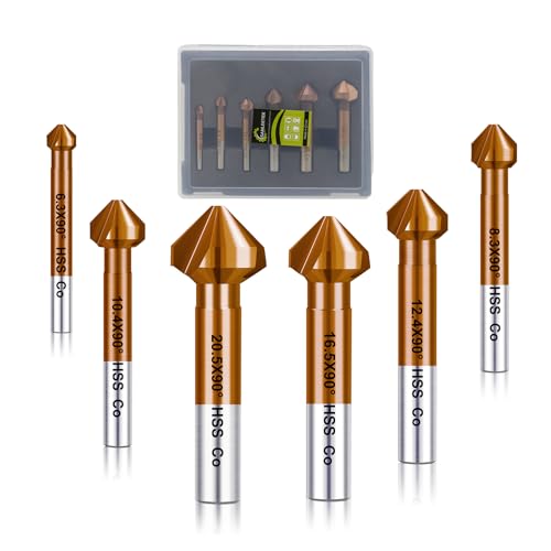 SANLEETEK Kegelsenker Set M35 HSS - Kobalt-plattiert Senker Bohrer Set für Edelstahl Eisen Aluminium Kupfer Metall Holz 6 Stück (6,3/8,3/10,4/12,4/16,5/20,5mm), Rundschaft von SANLEETEK